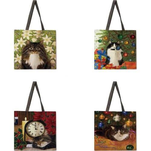 Shoulder bag ladies cat and Christmas print casual tote bag linen fabric tote bag foldable shopping bag reusable beach bag