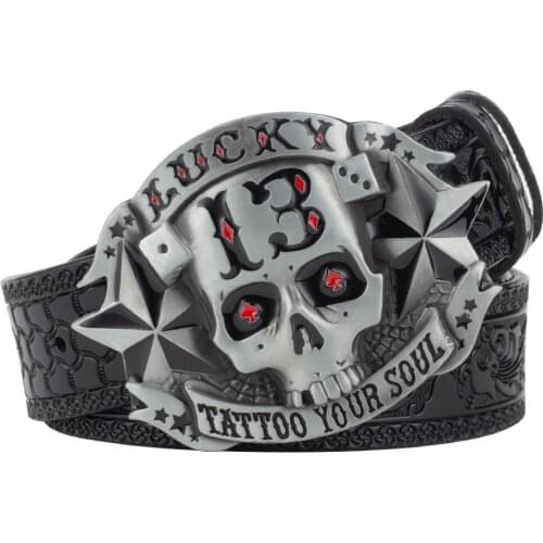 Embossed Retro Leather Belt Fashion Big Leisure Skull Buckle for Man Ghost Lucky 13
