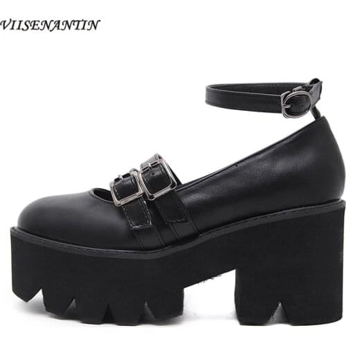 Spring and summer new punk belt buckle Harajuku style sandals round toe shallow mouth thick bottom black high-heeled shoes women