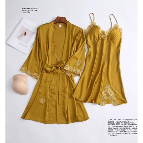 Sexy Silk Satin Lace Women Nightshirt Robe Set With Chest Pads Summer New Arival Female Gown Sets Elegant Ladies Home Clothes