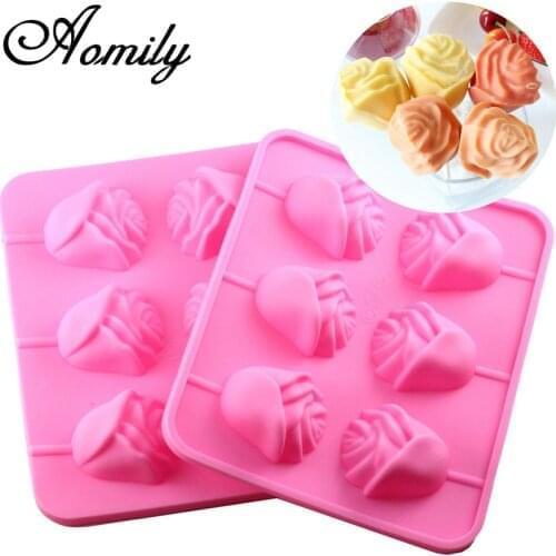 Aomily Rose Flowers Shape Silicone Tray Lollipop Mould Chocolate Cookies Baking Mold Kitchen Cake Decorating Tools Bakeware Gift