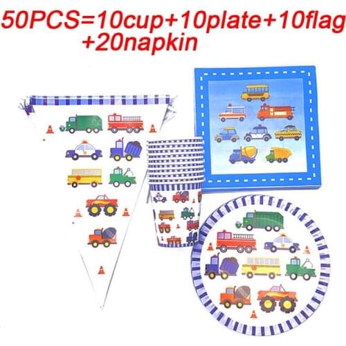 Construction Vehicle Theme Party Supplies Children Birthday Party Cups Plates Napkins Flags Truck Car Disposable Tableware Sets