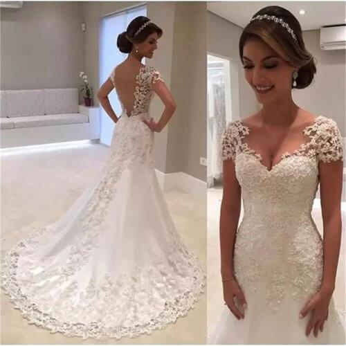 YIWUMENSA Real Photo Sexy Short Sleeves Backless Pearls Bridal Gown Robe De Mariee Tulle Appliques Mermaid Wedding Dresses 2021