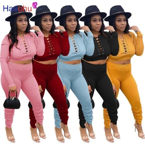 HAOOHU Lace Up Crop Top And Pants Two Piece Outfits For Women Fashion Bodycon Long Sleeve Matching Sets Winter 2021 Slim