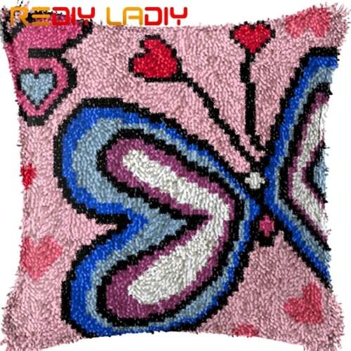 Latch Hook Cushion Butterfly Love Pillow Case Acrylic Yarn Sofa Pillow Printed Color Canvas Crochet Cushion Cover Arts & Crafts