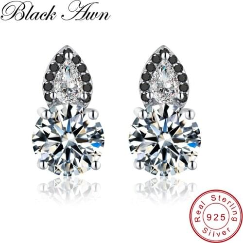 [BLACK AWN] Real 925 Sterling Silver Jewelry Stud Earrings for Women Black Spinel Stone Wedding Earrings Silver 925 Jewelry T133