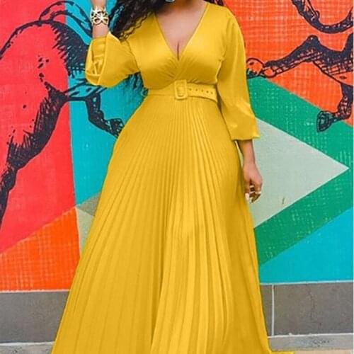 Plus Size Long Sleeve A Line Dress High Waist Pleated Solid Color Elegant Retro Maxi Dresses for Women Summer Holiday Beach Wear