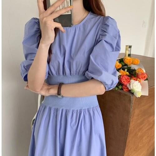 Women Summer Purple Vintage Elastic Waist A-line Draped Long Dress Elegant Puff Sleeve Midi Sundress