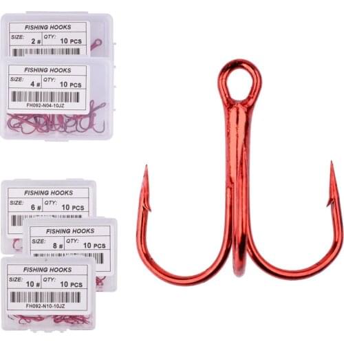 10pcs/ Box Fishing Hooks High Steel Carbon Material Treble Fishing Hook Round Folded Saltwater Bass Red 2 # -10 # Tackle Tools