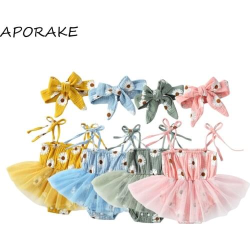 2021 0-18M Cute Infant Baby Girl Romper Dress Daisy Print Sleeveless Print Playsuti Tulle A-line Dress +Heandband For Party