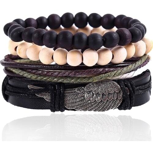 4pcs/set hippie punk wing charm black leather brown green cord knots wrap beige wood bead Bracelets Bangles for man hand jewelry