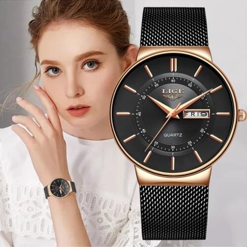 LIGE Brand Women Watches Fashion Round Ladies Quartz Watch Bracelet Set Black Dial Simple Rose Gold Mesh Luxury Relogio Feminino