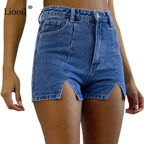 Liooil Blue Cotton Stretch Slit Jeans Shorts Woman High Waist Streetwear With Pockets Zipper Button Up Sexy Skinny Denim Shorts