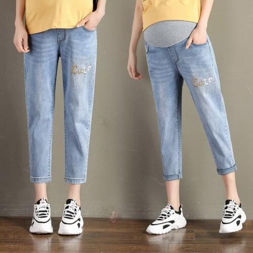 Stretchy pregnant pants 2020 new autumn and winter Korean version was thin embroidered cropped pants feet harem jeans