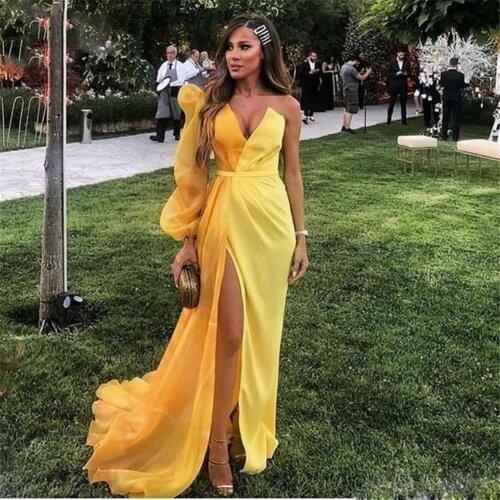 Elegant One Shoulder Yellow Evening Dresses Long Sleeves Split Chiffon Sweep Train Prom Pageant Dress Custom Made