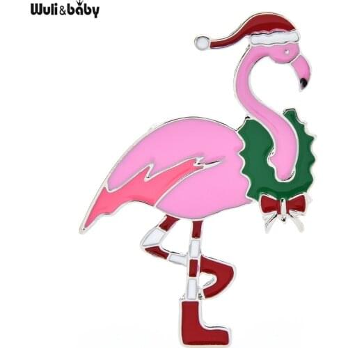 Wuli&baby Enamel Christmas Hat Flamingo Bird Brooch New Year Animal Wrench Bird Brooch Pins Women Jewelry Accessory Gift