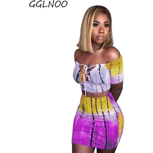 GGLNOO Sexy Womens Bodycon Two Piece Dress New Colorful Print Bandage Hollow Crop Top&High Waist Dress Outfit Clubwear GG23167