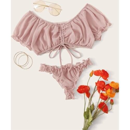 Women Sweet Sexy Tulle Pink Lingerie Sets Off Shoulder Ruffle See Through Drawstring Crop Tops+Thong Briefs Underwear Sleepwear