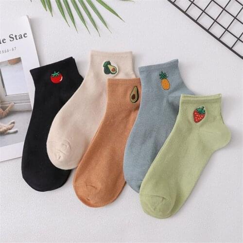 Embroidery Cotton Socks Women Strawberry Pineapple Pear Persimmon Fruit Candy Color Short Socks For Ladies Japanese Cute Socks