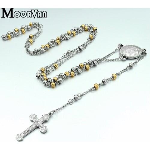 Moorvan NECKLACE,punk religious beads 60cm 4mm stainless steel for men charm cross y necklaces,round shaped VRN73