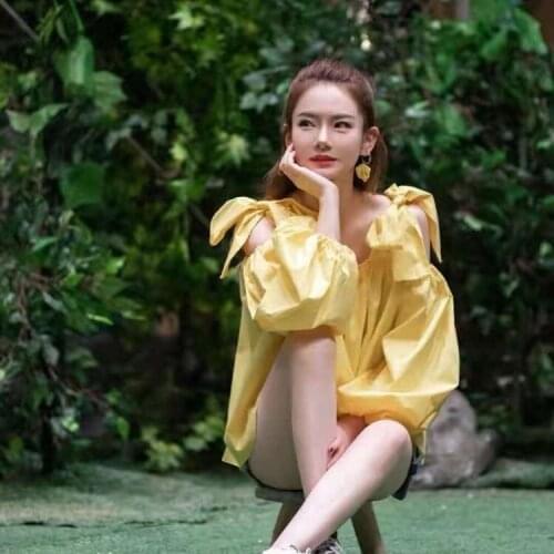 Dress 2021 same yellow lace butterfly dew shoulder covered meat chiffon shirt girls baby shirt one shoulder top