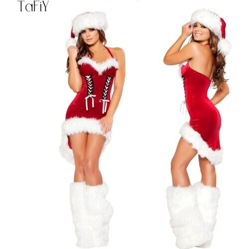 TaFiY 3 PCS Hot Sell Sexy Women Christmas Santa Costume Red Velvet Strappy One Size Women Xmas Cosplay Umiform Halloween Costume