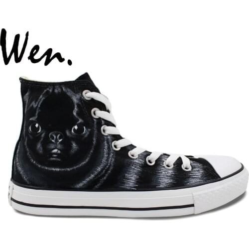 Wen Original Hand Pained Shoes Design Custom SharPei Black Pet Dog High Top Men Womens Black Canvas Sneakers for Gifts
