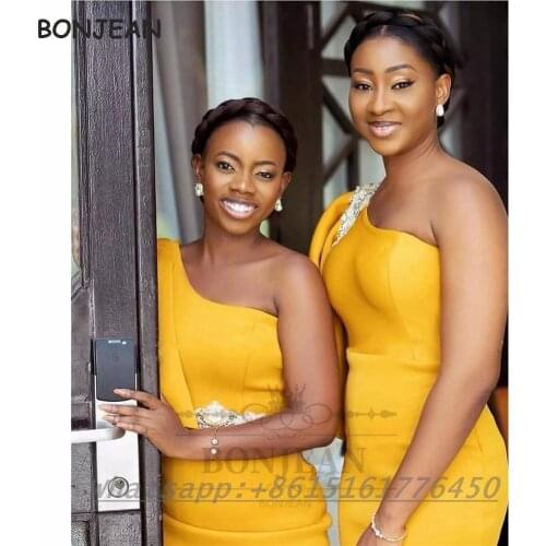 Yellow Bridesmaid Dresses 2021 Mermaid One Shoulder Floor Length Elastic Satin Bridesmaid Dress Plus Size for Women Wedding