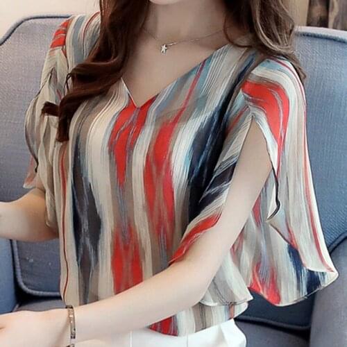 Loose Chiffon Women Blouse V-Neck Flare Sleeved Summer New Striped Office Lady Elegant Pulls Outwear Tops