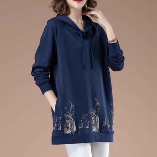 5XL Large Size Women Sweat Shirt 2021New Autumn Winter Loose Cotton Sweat Shirt Female Hooded Top Womens Mid-length blouse D94
