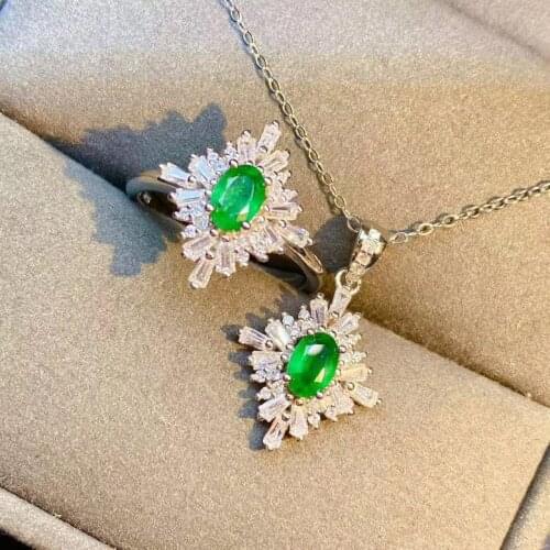 100% Natural and Real Emerald Set 925 sterling silver,1pc Emerald Ring,1pc Emerald Pendant For Wedding