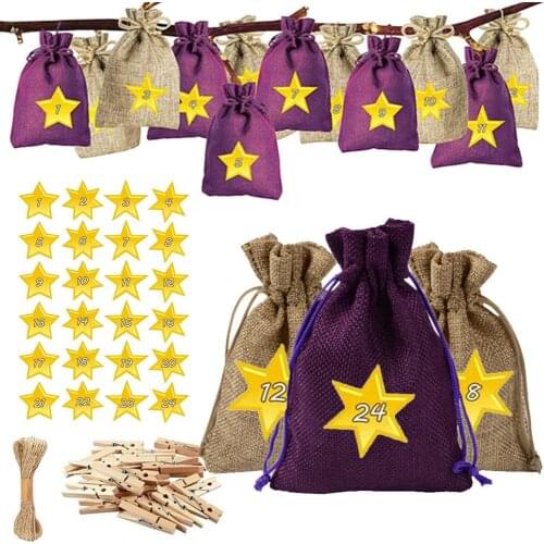 24pcs Set Christmas Advent Calendar Countdown Jute Candy Bag Drawstring Linen Bundle Pocket DIY Xmas Advent Calendrier Gift Bag