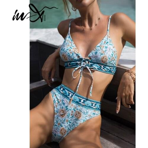 In-X High waist bikini 2021 Floral print swimwear female Triangle swimsuit womens swimming suit Bandage bathing suit Elegant