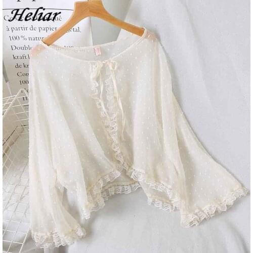 HELIAR Women Sun protection clothing Female Loose Tops Bat Sleeve Tees 2019 Summer Drawstring Lace Shawl Tops White T-Shirt