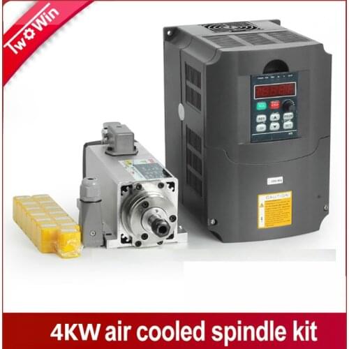 4kw Air Cooled Spindle Motor CNC Spindle Motor 4pcs bearings + 220V/4KW Inverter + 1set ER20 Square Milling Machine Spindle
