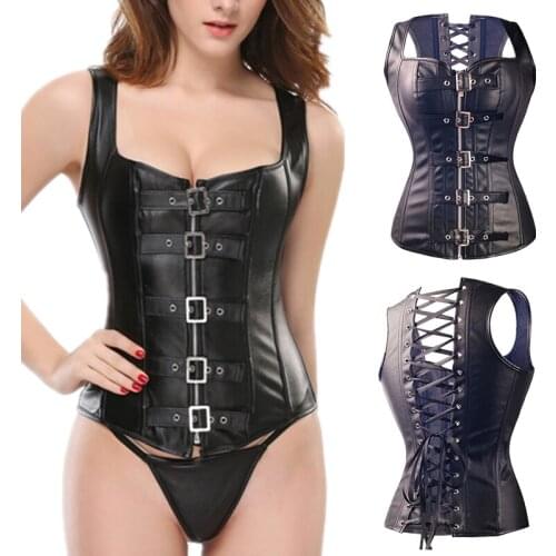 Corset Retro Goth Waist Cincher Bustier Tops Bustiers & Corsets Faux Leather Overbust Lace Up Steel Boned Steampunk Corselet