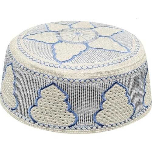 Muslim Fashion Prayer Caps For Mens African Islamic Hats Kippot Blue Fine Embroidered Indian Round Caps Topi Kufi Jewish