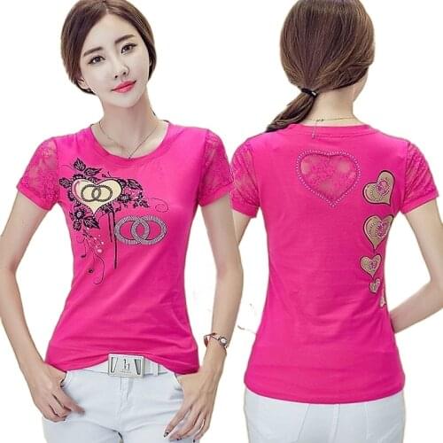 Hot rhinestone cotton printed short-sleeved T-shirt 2021 summer new Korean style slim and thin beaded embroidered lace top