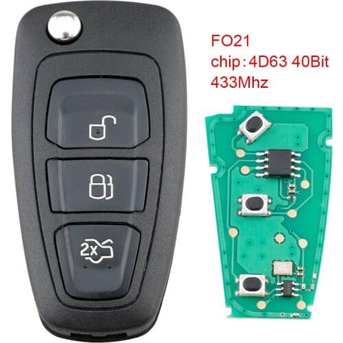 Remote Car Key Replacement 433Mhz 3 Button Flip Remote Key Fob with 4D63 40Bit Chip and F021 Blade for Ford Focus Mk1 Mondeo