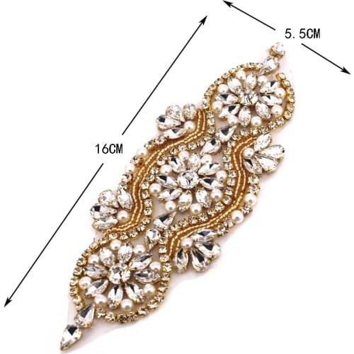 Luxury Gold iron on bridal beaded crystal applique for dresses garment Wedding dress Rhinestone Applique DIY