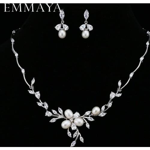 EMMAYA Luxury Freshwater Pearl Bridal Jewelry Sets Silver-Color Earring Necklace Set Wedding Jewelry Parure Bijoux Femme