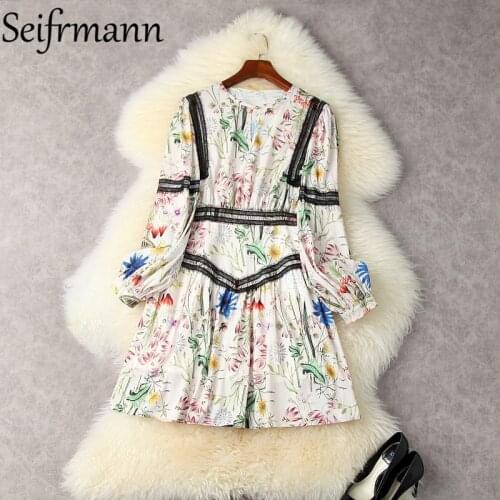 Seifrmann New 2021 Summer Women Fashion Designer Party Mini Dress Lantern Sleeve High Waist Floral Print Elegant A-Line Dresses