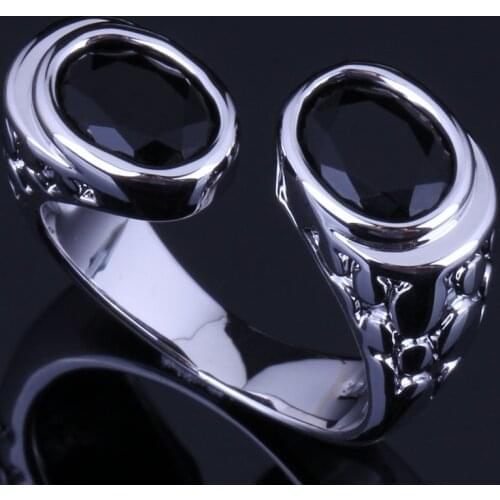 Tantalizing Double Oval Black Cubic Zirconia Silver Plated Ring V0627
