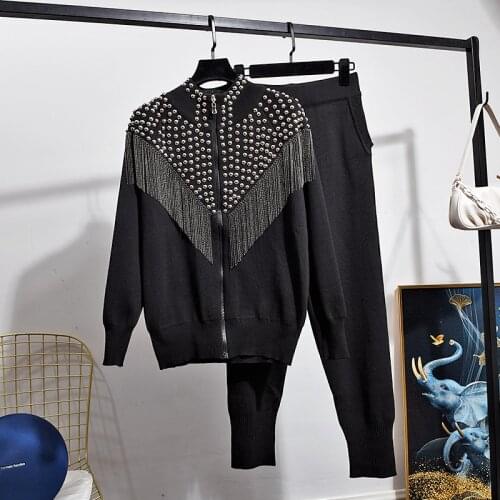 Knitted Tracksuit Women Outfits Rivet Chain Tassel Cardigan Sweater Long Pants Set Loose Green Purple Black Knitting Suit Female