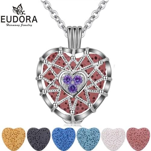 EUDORA 20mm Lava Stone Pendant Heart Volcanic Stone Purple Zircon Cage Necklaces Women Perfume Lava Ball Fine Jewelry KFC9N20