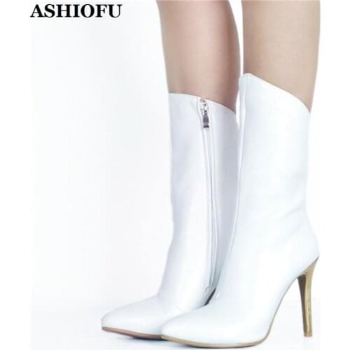 ASHIOFU Handmade Women High Heel Boots Wedding Party Prom Ankle Boots Pointy Big-size Club Evening Fashion Short Boots Shoes