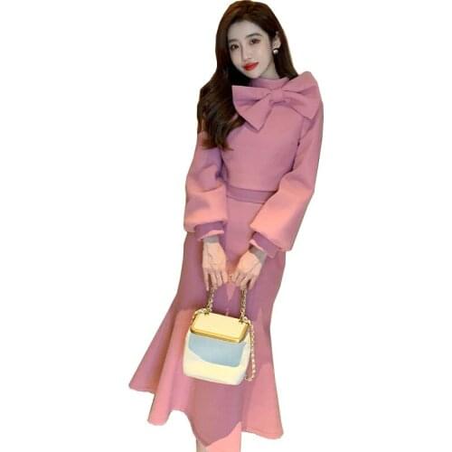 Lady Eemperament Two Piece Suit New Female Plus Velvet Autumn Winter Two-Piece Womens Woolen Skirt Suit Ladies Top + Skirt A684