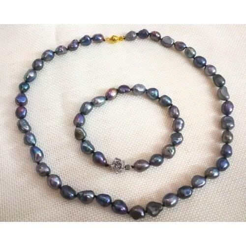 20'' 22'' 50cm 55cm Women Jewelry set 11mm black blue gray green baroque pearl gold clasp necklace bracelet Cultured pearl