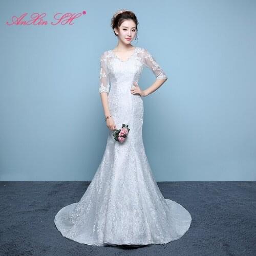 AXJFU princess flower lace mermaid white wedding dress vintage v neck illusion turkey half sleeve trumpet wedding dress