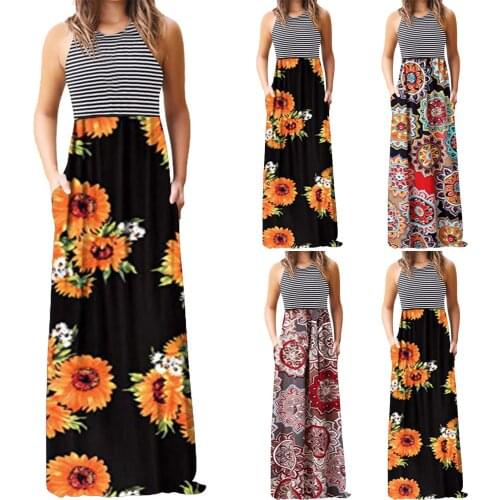 Floral Print Boho Summer Dress Women Sleeveless Long Maxi Dresses Robe Evening Party Beach Dress With Pockets Vestidos 2021